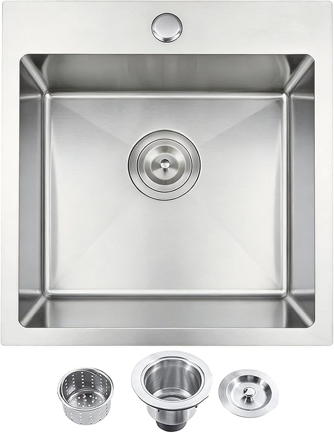 VCCUCINE Bar Sink Drop in,18 x 18 Inch Topmount RV Small Kitchen Sink,Handmade Stainless Steel Wet Bar Sink,Outdoor Single Bowl,Brushed Nickel Prep Sink with Drain