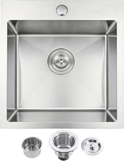 VCCUCINE Bar Sink Drop in,18 x 18 Inch Topmount RV Small Kitchen Sink,Handmade Stainless Steel Wet Bar Sink,Outdoor Single Bowl,Brushed Nickel Prep Sink with Drain