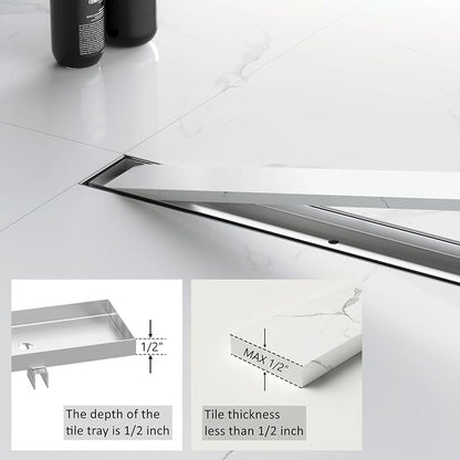 24 Inch Linear Shower Drain with Tile Insert Grate, Brushed | 304 Stainless Steel, Rectangle Tile Floor Drain for Bathroom, with Hair Strainer, Adjustable Feet, cUPC Certified