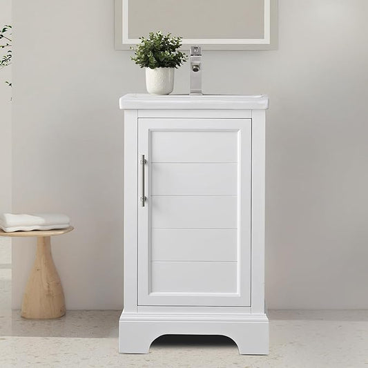 HOMEBEYOND 20 Inch Bathroom Vanity with Single Sink & Ceramic Top, Vanity Cabinet with Center Countertop Basin, Soft-Closing Doors, White