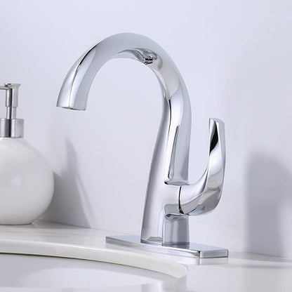WOWOW Single Handle Bathroom Faucet 1 Hole High Arc Bathroom Basin Faucet Chrome with Pop Up Drain, Solid Brass Commercial Bathroom Sink Faucet Basin Vanity Sink (Patented Product)