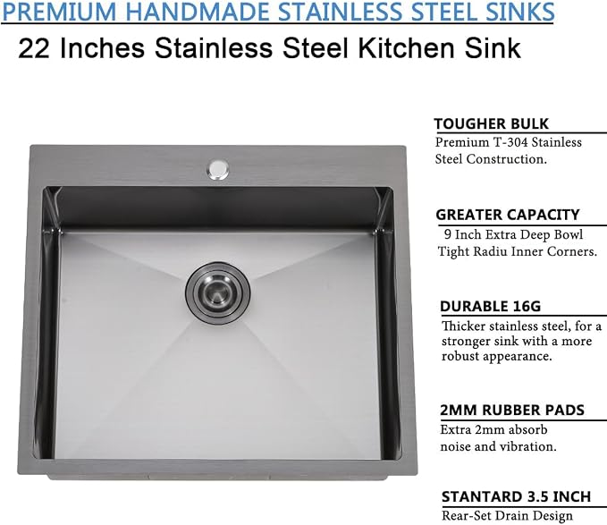 22x18 Inch Black Drop In Kitchen Sink, 22 Inch Gunmetal Black Outdoor Bar Sink, 16 Gauge Stainless Steel Single Bowl Small Kitchen Sink with Strainer Drain