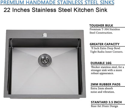22x18 Inch Black Drop In Kitchen Sink, 22 Inch Gunmetal Black Outdoor Bar Sink, 16 Gauge Stainless Steel Single Bowl Small Kitchen Sink with Strainer Drain