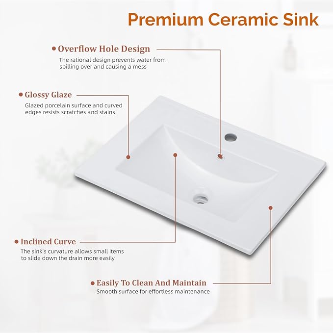 VINGLI 24 Inch White Bathroom Vanity with Sink, Modern Freestanding Sink Vanity with Soft-Close Doors and Storage Shelves, White Bathroom Cabinet with Single Hole Ceramic Basin for Small Bathrooms