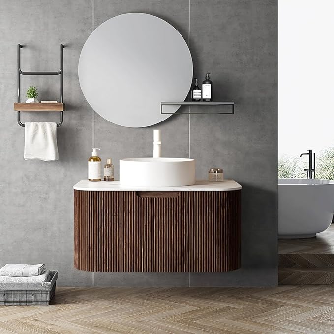 LKTART 30 Inch Floating Bathroom Vanity with Sink, Modern Wall Mounted Bathroom Storage Cabinet with Drawer, Round White Ceramic Sink Top and Marble Texture Top,Walnut