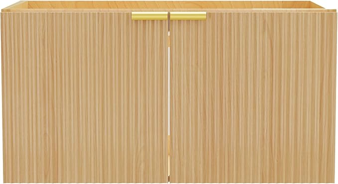 Modern Bathroom Vanity Without Sink, Floating Wall Mount Cabinet with Wavy Textured Doors, Waterproof Storage for Small Bathroom, Soft-Close Design, Nature Wood (Nature Without Sink, 36")