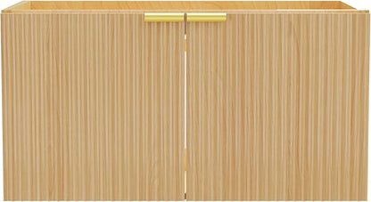 Modern Bathroom Vanity Without Sink, Floating Wall Mount Cabinet with Wavy Textured Doors, Waterproof Storage for Small Bathroom, Soft-Close Design, Nature Wood (Nature Without Sink, 36")