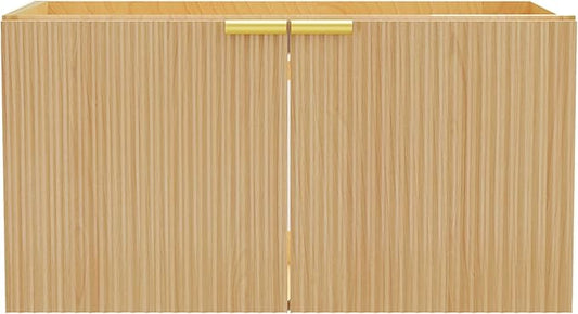 Modern Bathroom Vanity Without Sink, Floating Wall Mount Cabinet with Wavy Textured Doors, Waterproof Storage for Small Bathroom, Soft-Close Design, Nature Wood (Nature Without Sink, 36")