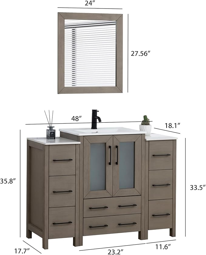 HOMEBEYOND 48 Inch Modern Bathroom Vanity with Sink & Mirror, Single Vanity Cabinet with Basin and Mirror, Dove-Tailed Drawers, Soft-Closing Doors, Wood, Driftwood Gray