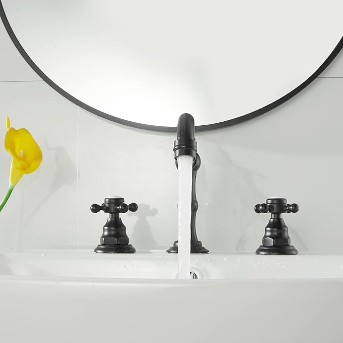 GGStudy Matte Black Bathroom Faucet 2 Handles 3 Holes Faucet 8 inch Widespread Bathroom Sink Faucet Tap Mixer Supply Hose Included Matching Metal Pop Up Drain
