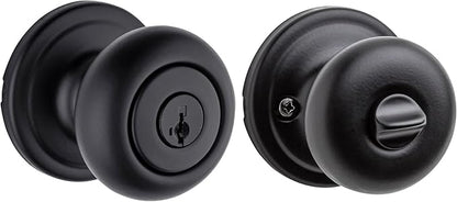 Kwikset Hancock Keyed Entry Door Knob with SmartKey Security, Matte Black Exterior Front Door Knob with Lock and Key, Microban Antimicrobial Protection, Pick Resistant Rekeyable Doorknob