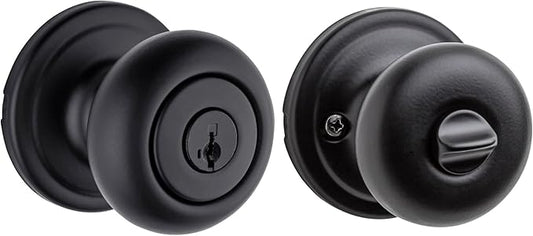 Kwikset Hancock Keyed Entry Door Knob with SmartKey Security, Matte Black Exterior Front Door Knob with Lock and Key, Microban Antimicrobial Protection, Pick Resistant Rekeyable Doorknob