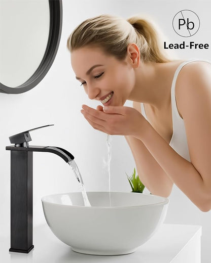 Oil Rubbed Bronze Waterfall Vessel Sink Faucet,Tall Bathroom Faucet | Single-Handle Single-Hole Lavatory Vanity Sink Faucet Mixer Tap Includes Pop-Up Drain and Supply Lines