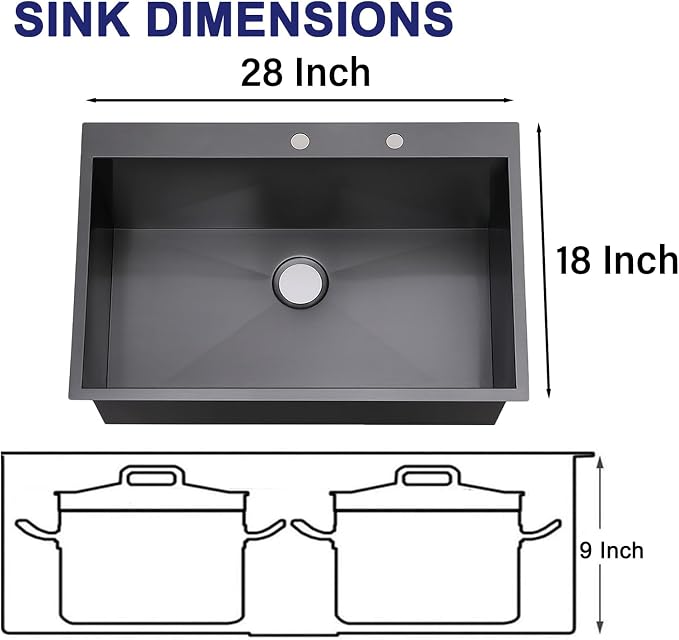 VAPSINT 28x18 Inch Black Drop In Kitchen Sink, 28 Inch Gunmetal Black Top Mount Extra-Thick Stainless Steel Single Bowl Sink RV Laundry Utility Prep Sink with Drain Strainer & Metal Grid