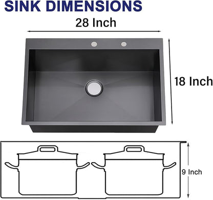 VAPSINT 28x18 Inch Black Drop In Kitchen Sink, 28 Inch Gunmetal Black Top Mount Extra-Thick Stainless Steel Single Bowl Sink RV Laundry Utility Prep Sink with Drain Strainer & Metal Grid