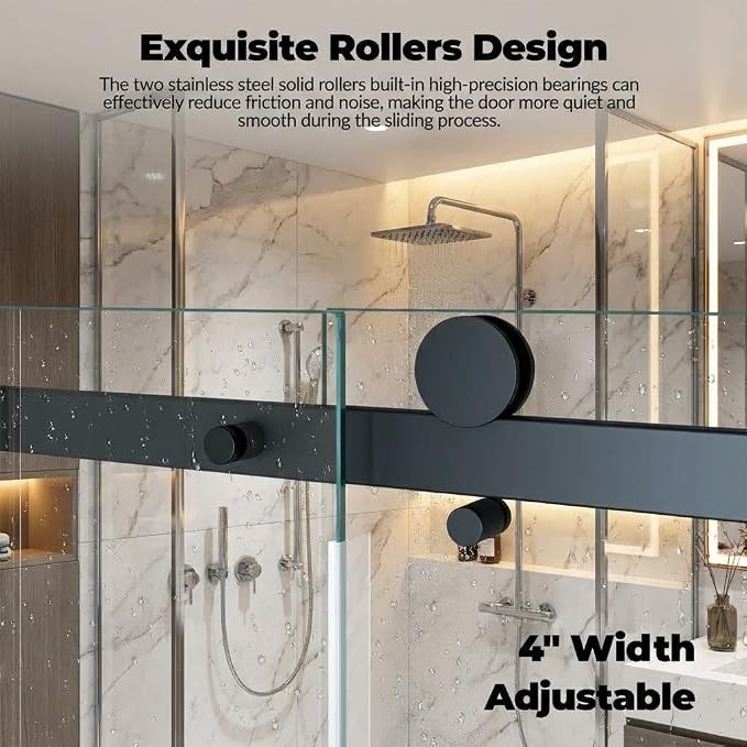 44-48" W x 76" H Sliding Shower Door, 1/4 Inch (6mm) Clear Tempered Glass, Matte Black Square Rail, Space-Saving Design for Modern Bathrooms