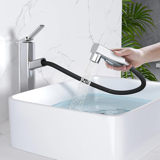 MIAOHUI Vessel Sink Faucet with Pull Out Sprayer, 3 Spray Mode Tall Bathroom Sink Faucet, High Bathroom Faucets for Sink 1 Hole, Single Handle Modern Vanity Faucet with Fountain Mode, Chrome