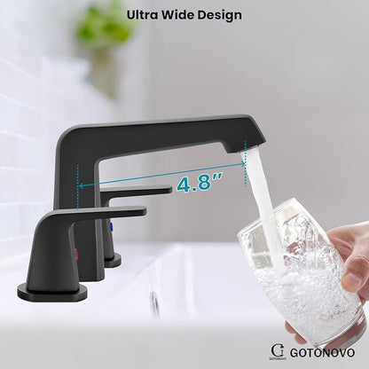 gotonovo Bathroom Sink Faucet 3 Holes 2 Handles Widespread 8 Inch Bathroom Faucet with Pop Up Drain Hot Cold Water Supply Lines Lavatory Vanity Mixer Tap, Thick Style, Matte Black