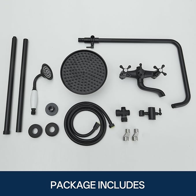 Homevacious Matte Black Outdoor Shower Kit Exposed Shower | 8 Inch High Pressure Rain Shower Head with Hand Spray Bathroom Shower Faucet System Double Knobs Cross Handle 3-function