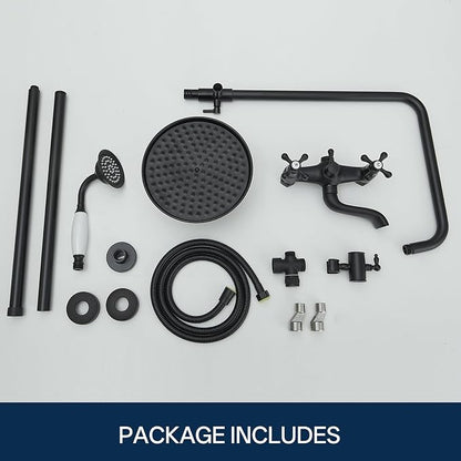 Homevacious Matte Black Outdoor Shower Kit Exposed Shower | 8 Inch High Pressure Rain Shower Head with Hand Spray Bathroom Shower Faucet System Double Knobs Cross Handle 3-function