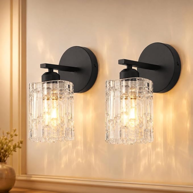 2-Pack 1-Light Modern Matte Black Crystal Wall Sconces, Hardwired Indoor Bathroom Vanity Light Fixtures, Crystal Over Mirror Lamps for Living Room, Bedroom, Hallway