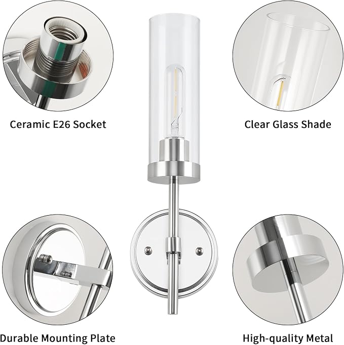 WILON Bathroom Wall Sconces Vanity Light Fixtures, Chrome, 2 pcs | Clear Glass Shade, 60W MAX, Modern Farmhouse Style for Vanity Mirror Bedroom Bedside Hallway Corridor Stairs bathroom
