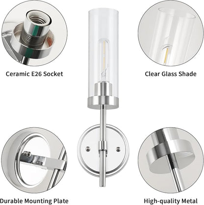 WILON Bathroom Wall Sconces Vanity Light Fixtures, Chrome, 2 pcs | Clear Glass Shade, 60W MAX, Modern Farmhouse Style for Vanity Mirror Bedroom Bedside Hallway Corridor Stairs bathroom