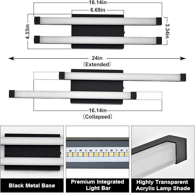 Bathroom Vanity Light Bar, 24 Inch Modern Black LED Vanity Light, 18W 3 CCT 3000K 4000K 6000K Dimmable Hardwired Bathroom Light Fixtures Over Mirror for Bathroom, Hallway, Powder Room, Washroom