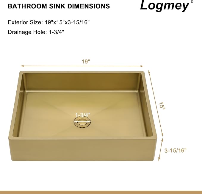 Logmey 19" Gold Shallow Bathroom Vessel Sink 19x15 Rectangle Handmade 16 Gauge Stainless Steel Above Counter RV Bathroom Sinks with Pop up Drain Set