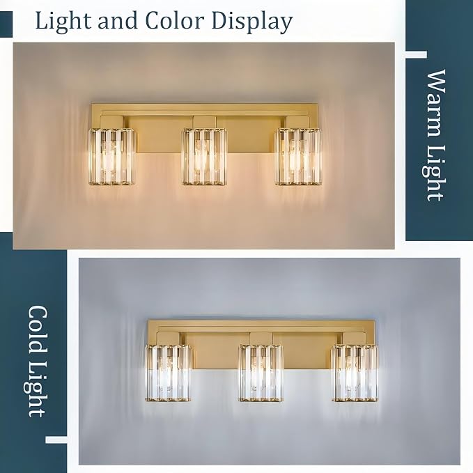 Brushed Gold Bathroom Light Fixtures, 3-Light Vanity Light Over Mirror | Wall Sconces with Square Crystal Shades, E26 Socket, Modern Vanity Lights for Bathroom (Bulbs Not Included)