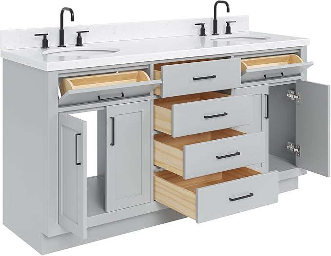ARIEL Hepburn 66-inch Bathroom Vanity with Sink,Solid Wood, 1.5-inch Carrara White Quartz Countertop & Backsplash, Double Oval Porcelain Sink, 4 Soft Closing Doors, 6 Dovetail Drawers, Grey