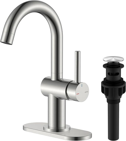 Brushed Nickel Bathroom Faucet Single Handle, 1 Hole Vanity Faucet | Bathroom Sink Faucet with Pop Up Drain & 6 Inch Deck Plate, Lead-Free cUPC & NSF Certified, 1 Handle Faucet for Vanity RV Bar