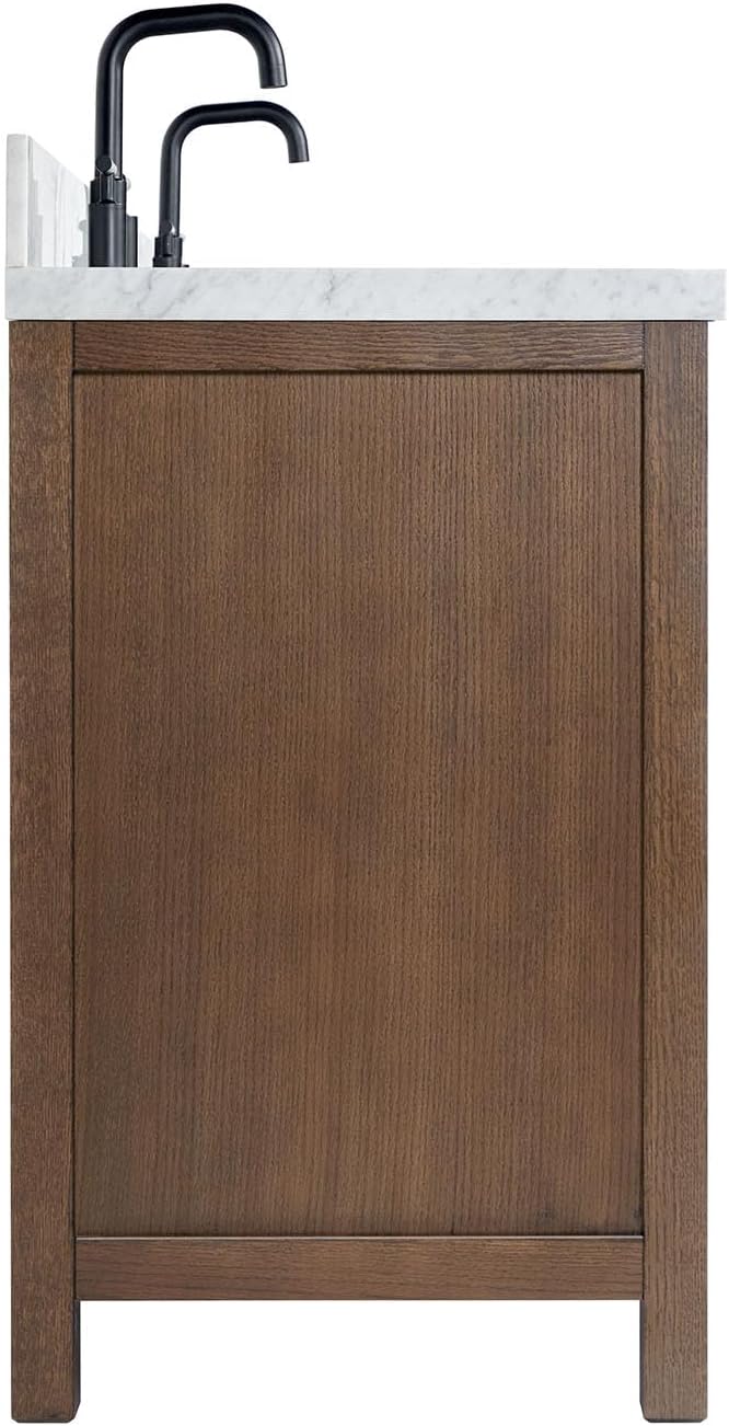 ARIEL Cambridge 66-inch Bathroom Vanity with Sink,Solid Wood, 1.5-inch Italian Carrara Marble Countertop, Double Oval Porcelain Sink, 4 Soft Closing Doors, 6 Dovetail Drawers, Brown Oak