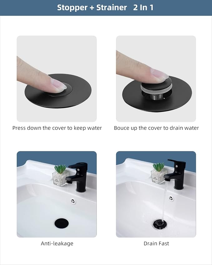Hibbent 2 Pack All Metal Universal Bathroom Sink Stopper for 1.1''~2.3'' Basin, Pop Up Sink Drain Strainer, Brass Bullet Core Push Type Stopper, Stainless Steel Anti Clogging Drain Filter, Matte Black
