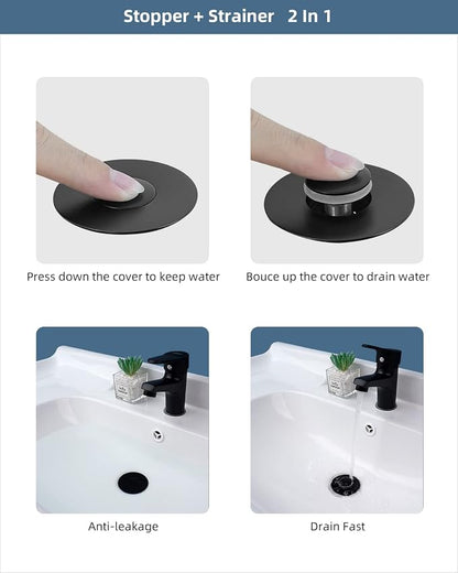 Hibbent 2 Pack All Metal Universal Bathroom Sink Stopper for 1.1''~2.3'' Basin, Pop Up Sink Drain Strainer, Brass Bullet Core Push Type Stopper, Stainless Steel Anti Clogging Drain Filter, Matte Black