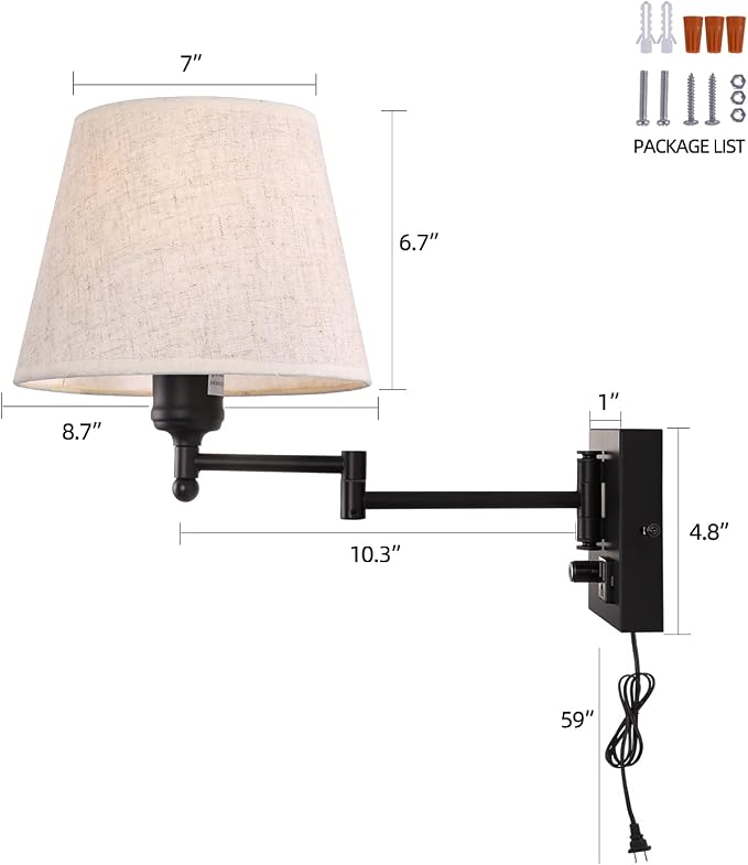 Bedside Wall Mount Light with Dimmable Switch and Outlet, Swing Arm Fabric Shade Wall Sconce Light with USB Port and Plug in Cord, Black Wall Lamp for Bedroom, Living Room and Hotel