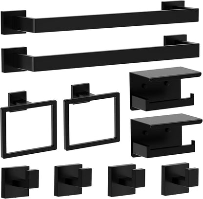 10-Piece Square Bathroom Hardware Set 24" Towel Bar X2, Toilet Paper Holders with Shelves X2, Towel Hooks X4, 2X Towel Rings X2 Bathroom Accessories (Matte Black-24inch)