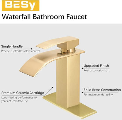 BESy Waterfall Spout Bathroom Faucet, Single Handle Bathroom Sink Faucets, Rv Vessel Faucet Basin Mixer Tap with Deck Plate, cUPC Waterlines, Brushed Gold