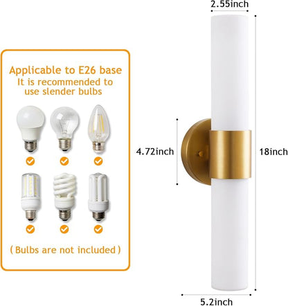 18 Inch Modern Gold Vanity Wall Sconce with Frosted Glass Shades | Mirror for Bathroom Bedroom Living Room Hallway Decor