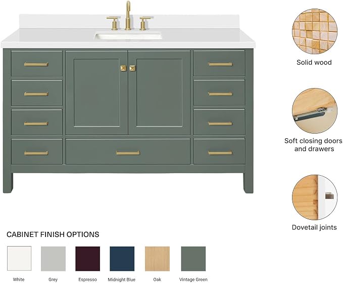 ARIEL Cambridge 60-inch Bathroom Vanity with Sink,Solid Wood, 1.5-inch Pure White Quartz Countertop, Single Rectangular Porcelain Sink, 2 Soft Closing Doors, 9 Dovetail Drawers, Vintage Green
