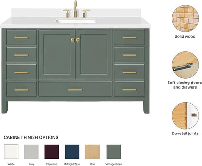 ARIEL Cambridge 60-inch Bathroom Vanity with Sink,Solid Wood, 1.5-inch Pure White Quartz Countertop, Single Rectangular Porcelain Sink, 2 Soft Closing Doors, 9 Dovetail Drawers, Vintage Green