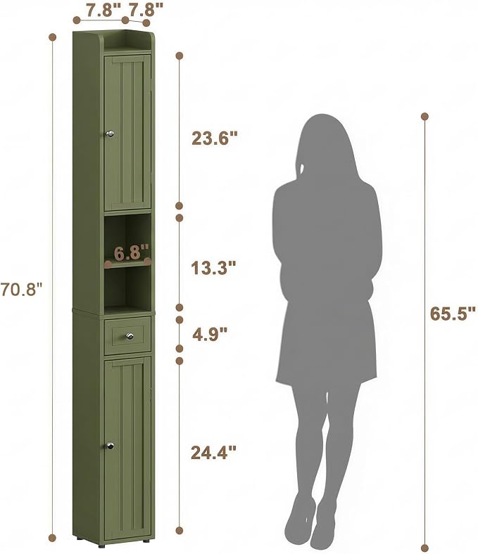 ChooChoo Narrow Bathroom Storage Cabinet with Adjustable Shelves and Drawer | Tall Slim Storage Cabinet, Freestanding Cupboard for Small Spaces, Green