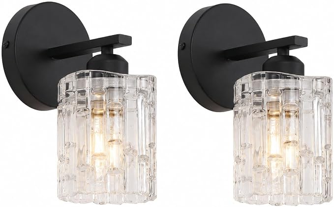 2-Pack 1-Light Modern Matte Black Crystal Wall Sconces, Hardwired Indoor Bathroom Vanity Light Fixtures, Crystal Over Mirror Lamps for Living Room, Bedroom, Hallway