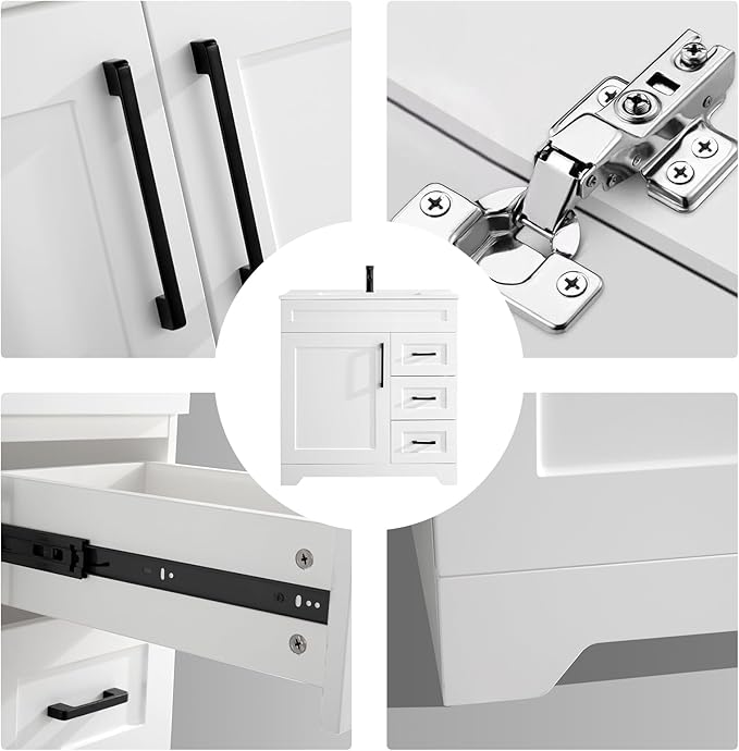 30" Bathroom Vanity with Ceramic Sink Top,1 Soft Closing Doors & 3 Full Extension Drawers with Matte Black Faucet Drain, White