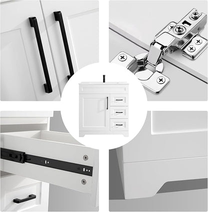 30" Bathroom Vanity with Ceramic Sink Top,1 Soft Closing Doors & 3 Full Extension Drawers with Matte Black Faucet Drain, White