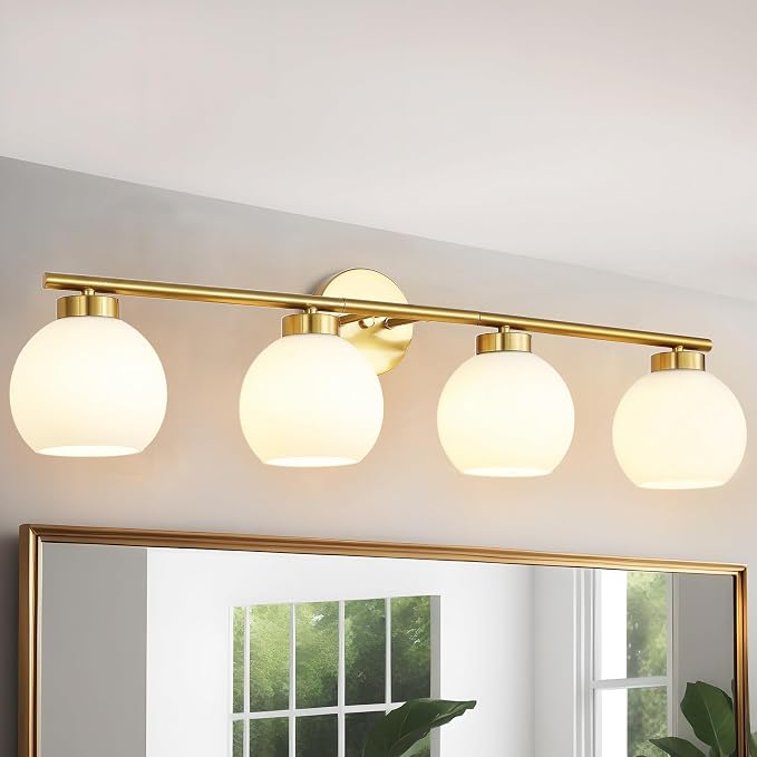 4 Light Bathroom Vanity Light, Gold Bathroom Light Fixtures Over Mirror, Mid Century Modern Wall Light with Frosted Globe Glass Shades, 32 inch Brass Vanity Lights, E26 Socket