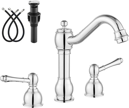 gotonovo 8 Inch Widespread Bathroom Faucets for Sink 3 Hole 2 Lever Handle Deck Mount with Pop Up Drain Hot and Cold Water Supply Lines Polish Chrome