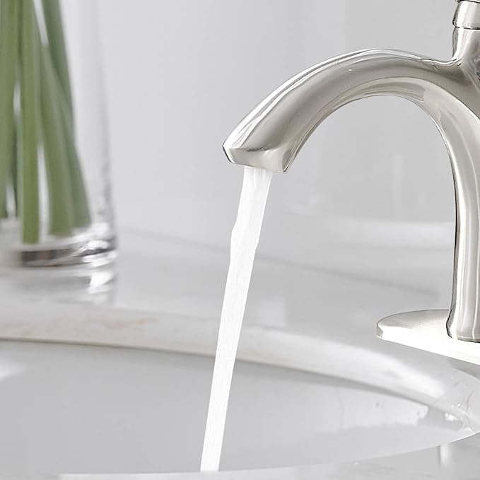 BWE Brushed Nickel Bathroom Faucet Single Handle Bathroom Sink Faucet One Hole with Pop Up Drain Assembly and Supply Lines Commercial Vanity Restroom Lavatory Mixer Tap