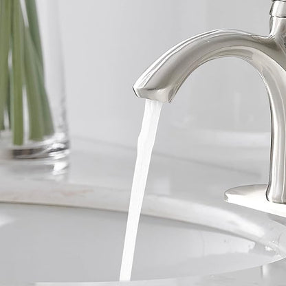 BWE Brushed Nickel Bathroom Faucet Single Handle Bathroom Sink Faucet One Hole with Pop Up Drain Assembly and Supply Lines Commercial Vanity Restroom Lavatory Mixer Tap