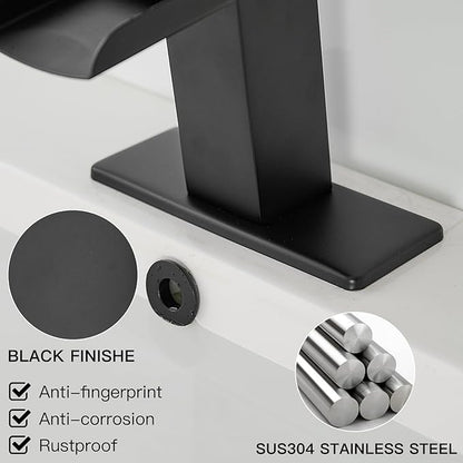 BWE Black Bathroom Faucet Waterfall Single Handle Bathroom Faucet One Hole Bathroom Sink Faucet with Supply Line Lavatory Vanity Mixer Tap Deck Mounted Matte Black